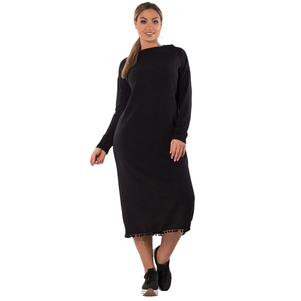 Elegant Plus Size Women Midi Dress Tassel Solid Slim Ladies Long Dress ...