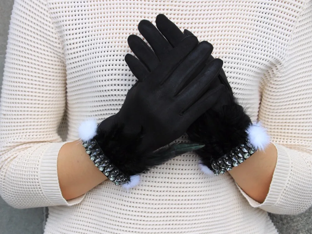 Женские перчатки Зимние Модные Элегантные Перчатки с перьями и кристаллами черные перчатки с сенсорным экраном Женские варежки женские перчатки Luva