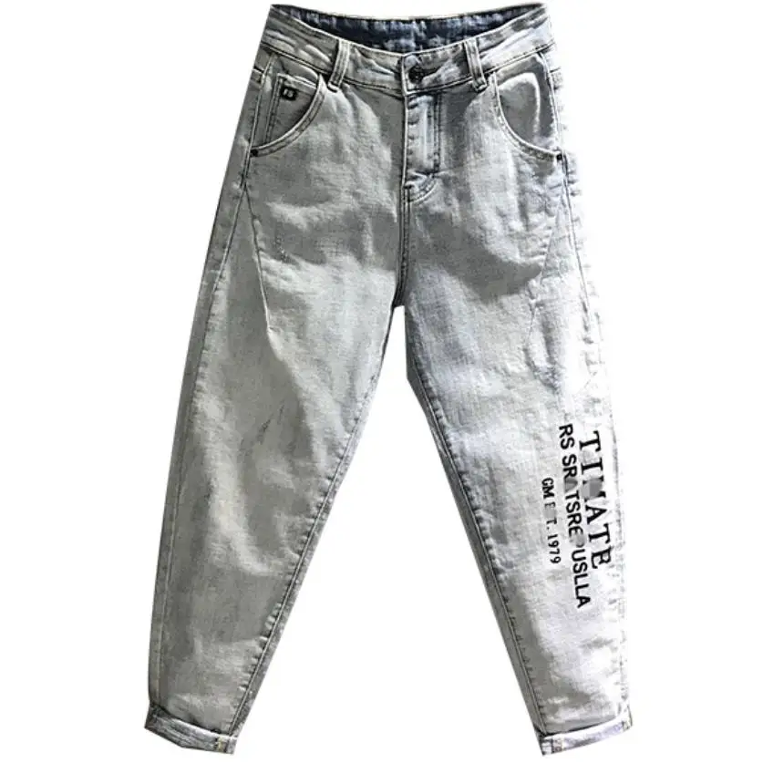 

2019 spring new fashion letter printing light-colored jeans women ripped loose ankle length harem pants plus size