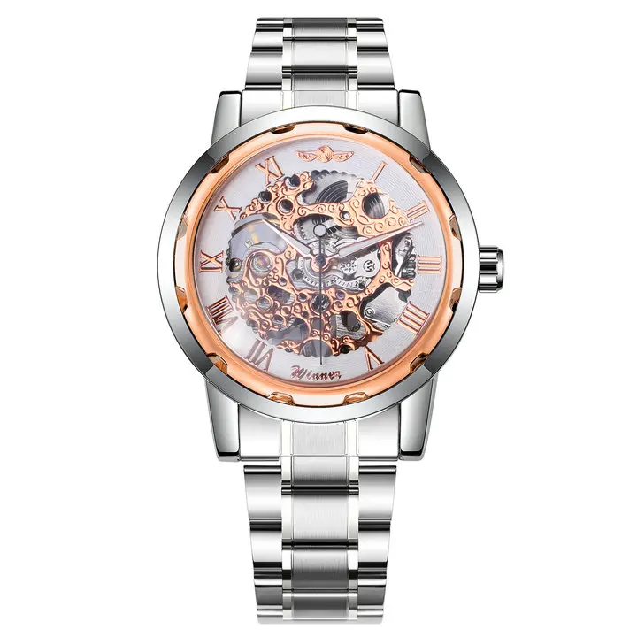 WINNER золотые часы для мужчин Скелет механические часы ремешок из нержавеющей стали лучший бренд класса люкс T-WINNER Классические наручные часы 17 видов цветов - Цвет: SILVER ROSE WHITE
