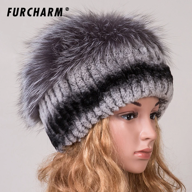 Rex Rabbit Fur Hat Women Winter Real Fur Caps With Pom Pom