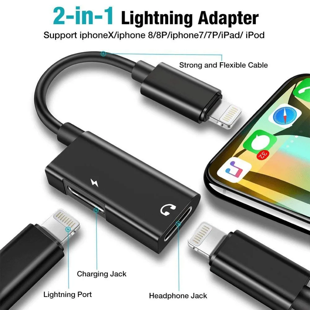 Headphone Adapter for iPhone 7 7 Plus 8 8 Plus X iPad Dual for Lightning Earphone Audio Charge Jack Splitter Support iOS 11 3