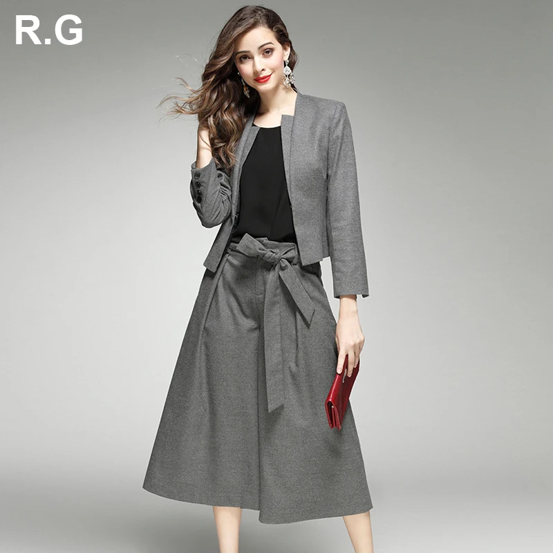 RG Elegante Vrouwen Wol Blazer Broek Past Kasjmier Jas Jas Wijde Pijpen Broek 2 stuk Set OL Dame Werkkleding herfst Winter 2018 RG Elegante Vrouwen Wol Blazer Broek Past Kasjmier Jas Jas Wijde Pijpen Broek 2 stuk Set OL Dame Werkkleding herfst Winter 2018