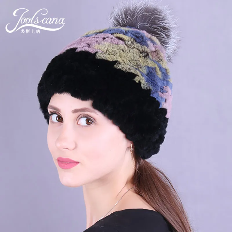 

Joolscana rabbit fur hat women winter cap fashion beanies knitted hat fox fur pompom colorful cap 2018 new brand warm skullies