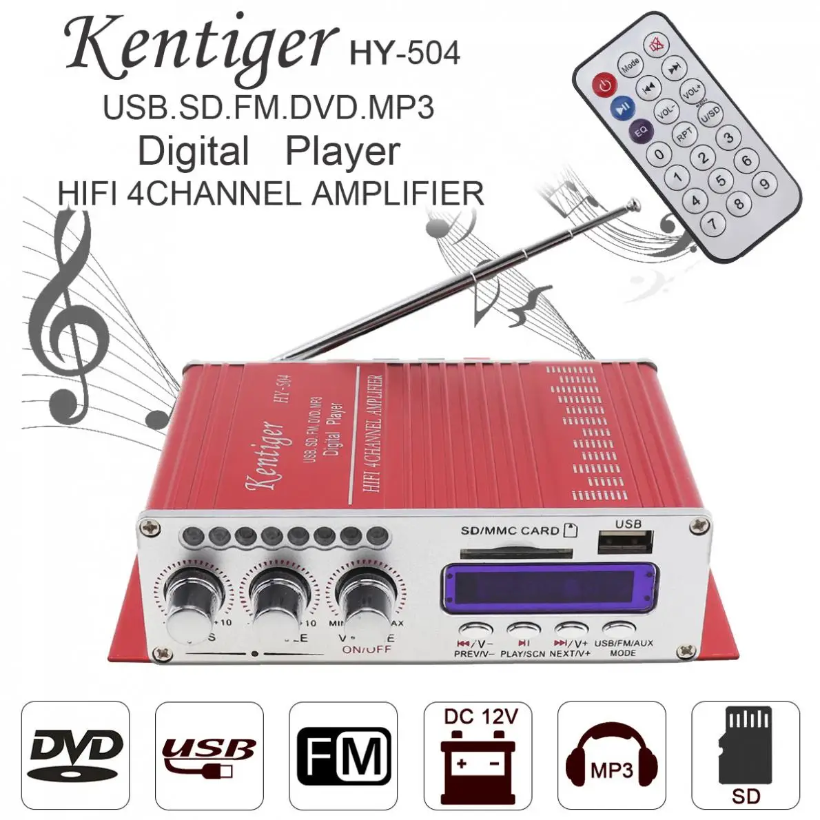Kentiger DC12V 5A 4CH Hi Fi автомобильный аудио усилитель мощности fm радио плеер Поддержка SD
