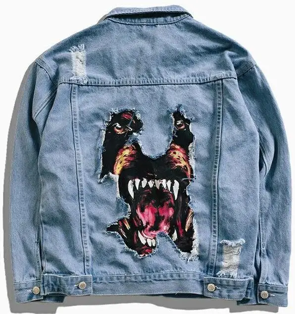 Джинсовая мужская уличная куртка в стиле хип-хоп с принтом головы собаки, ковбойская рваная джинсовая куртка с потертостями для мужчин и женщин, брендовая повседневная куртка - Цвет: Синий