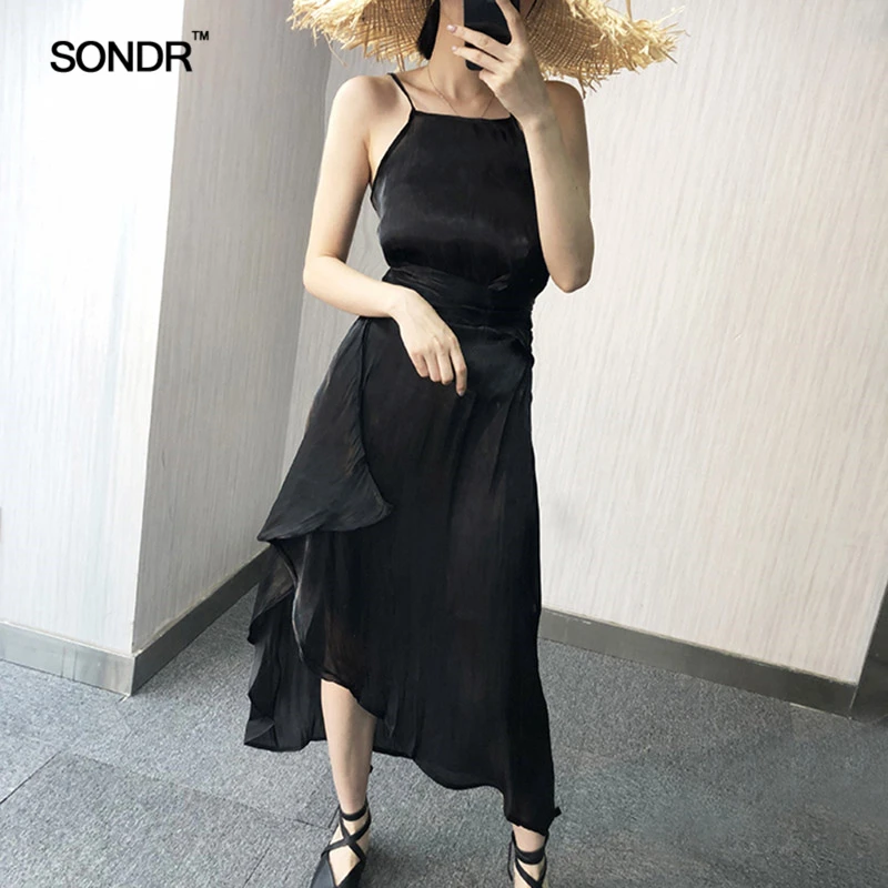 

SONDR 2019 New Spring Summer Spaghetti Strap Black Loose Cross Bandage Ruffles Irreguar Hem Dress Women Fashion Tide