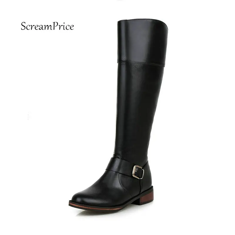 Kopen Vrouwen Side Rits Comfortabele Vierkante Hiel Knie Hoge Laarzen Mode Gesp Ronde Neus Houden Warme Winter Schoenen Zwart Rood Paars