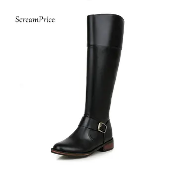 

Women Side Zipper Comfortable Square Heel Knee High Boots Fashion Buckle Round Toe Keep Warm Winter Shoes Black Red Purple
