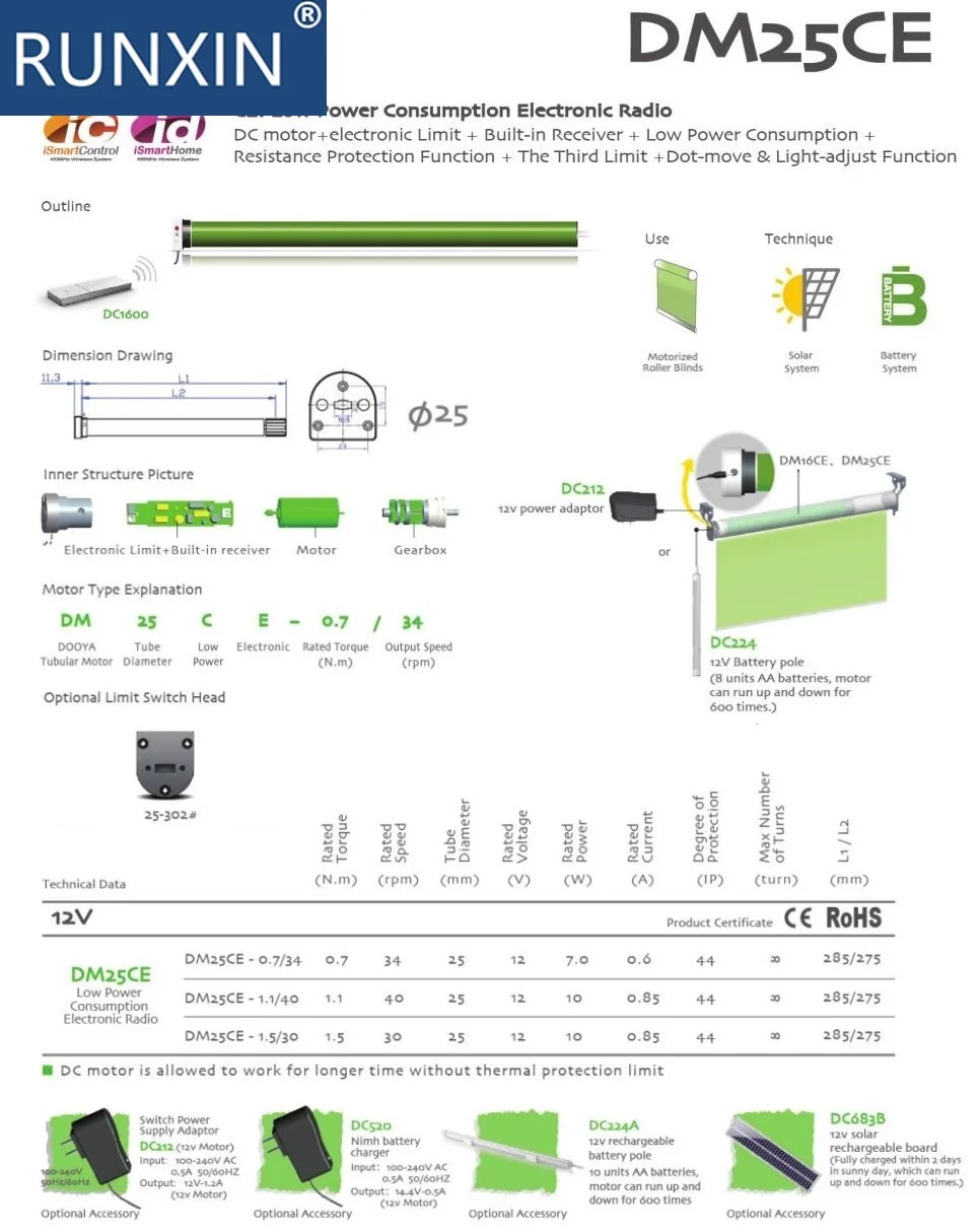 12V мотор, DM25CE, DOOYA трубчатый мотор для диам. 38 мм трубки