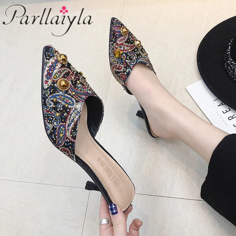 

2019 Summer New Women Slippers Fine High Heel Sandals Fashion Women Casual Shoes Outdoor Slipper Blue Patchwork Slides Ladies