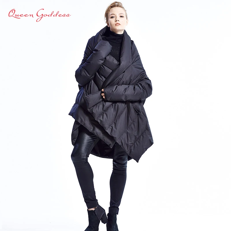 Модный женский пуховик, плащи Европейского дизайнера, ассиметричная длина, зимнее пальто, женские парки размера плюс, верхняя одежда