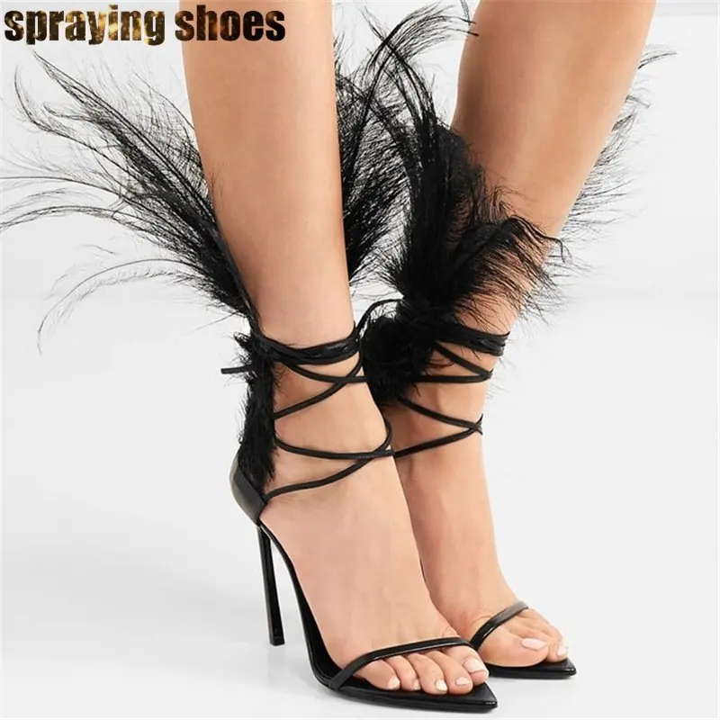 

Fashion Women Ankle Strappy Lace Up Feather Sandals Open Toe Ladies Stiletto Pumps Summer Sandals Runway Party Shoes Big Size 11