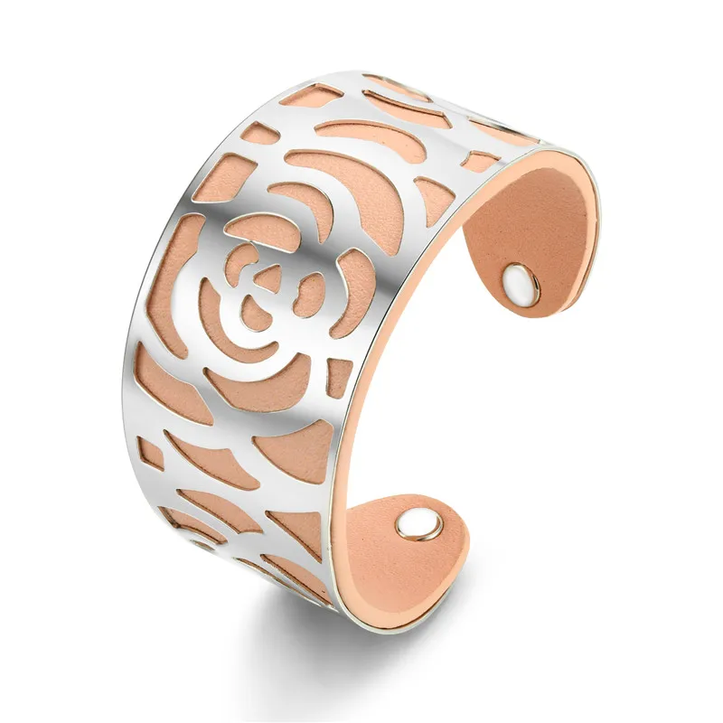 

1PC Vintage hollow opening leather Bracelet For Women fashion Silver Black Color Adjustable Size Bangle Jewelry Pulseira Gift