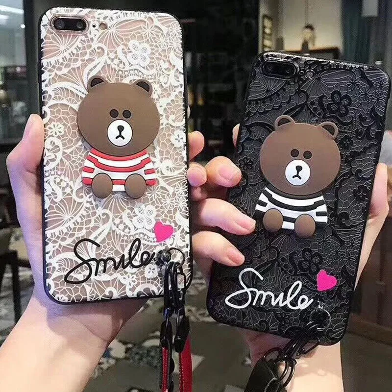 

For OPPO A83 A73 A79 A59 F1S A57 A39 A37 A33 A31 Find X A3 F1 F3 Plus Lace Cartoon Bear Case with Strap Cover