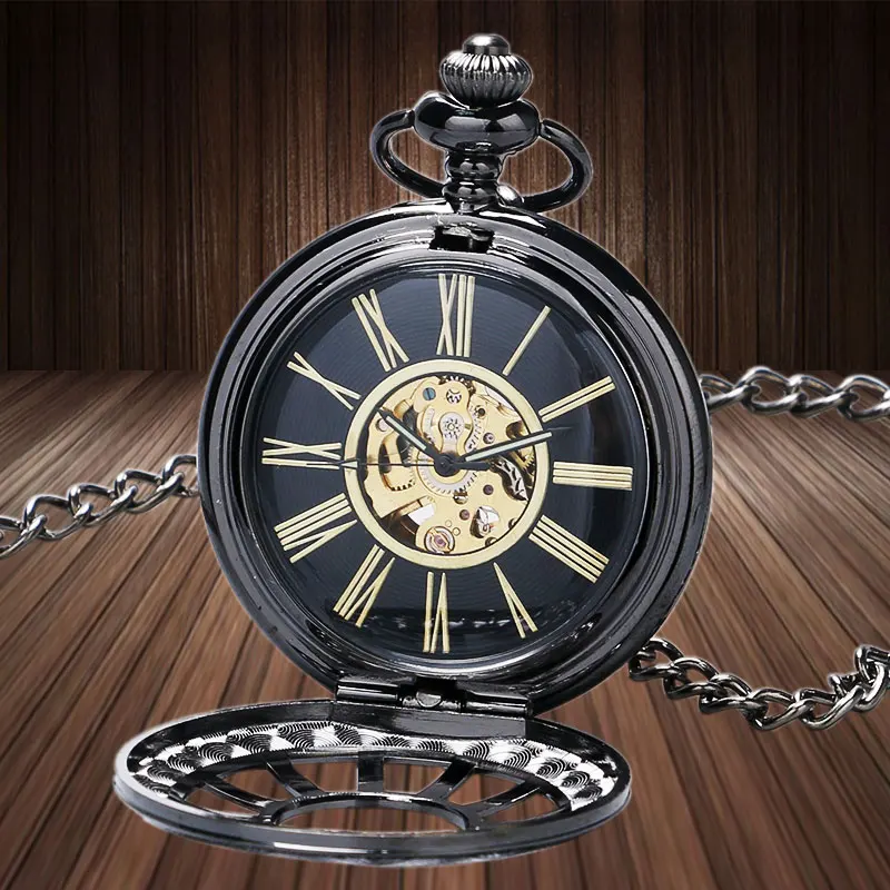 Luxuy Black Hollow Case With Golden Roman Number Skeleton Steampunk Mechanical Pocket Watch With Chain Gift To Men Women Luxuy Black Hollow Case With Golden Roman Number Skeleton Steampunk Mechanical Pocket Watch With Chain Gift To Men Women