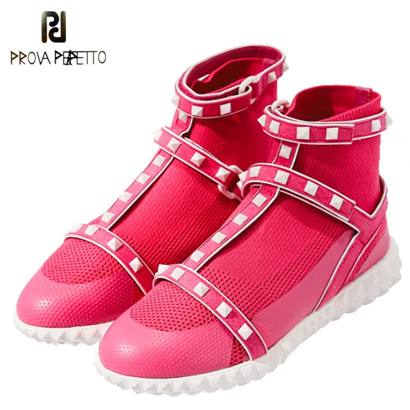 

Prova Perfetto 2018 Autumn Newest Knit Sock Boots Woman Round Toe Rivet Patchwork Flats Short Boots Women Stretch Ankle Boots