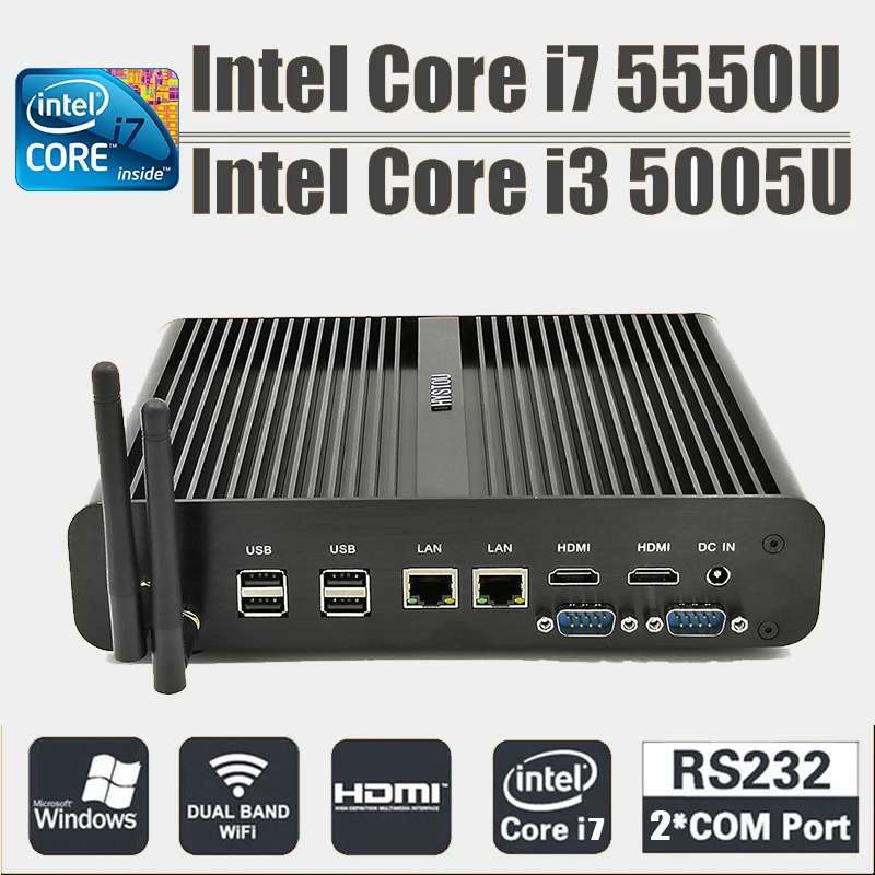 Intel i7 Мини ПК Core i7 5500u Безвентиляторный Компьютер с двойной Lan 2 HDMI Core i3 мини настольный 2 RS232 COM 8 USB промышленный ПК HTPC