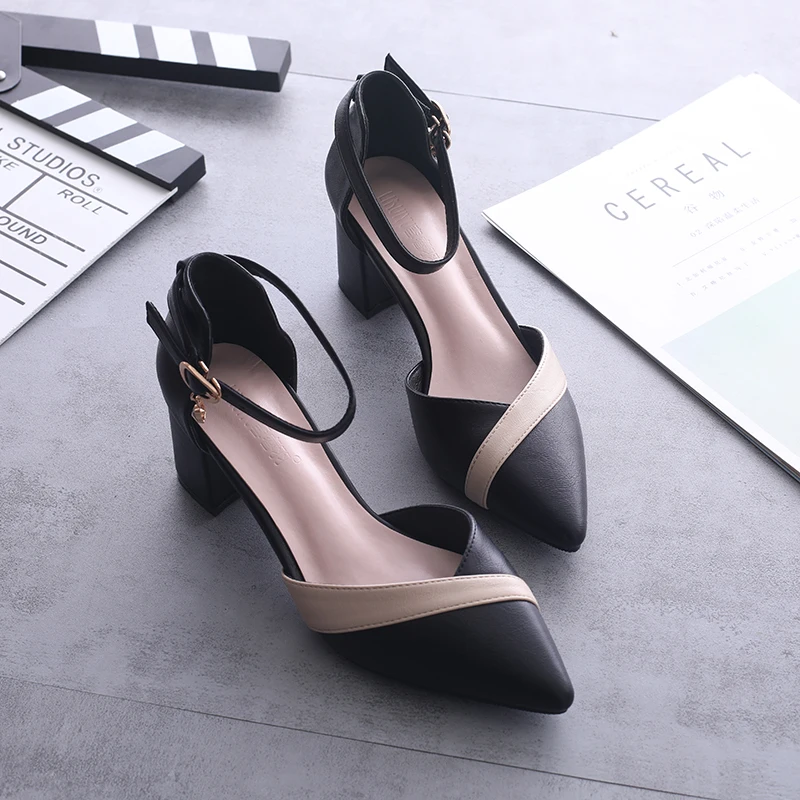 

High heels 2019 new wild with single shoes female thick with pointed shoes