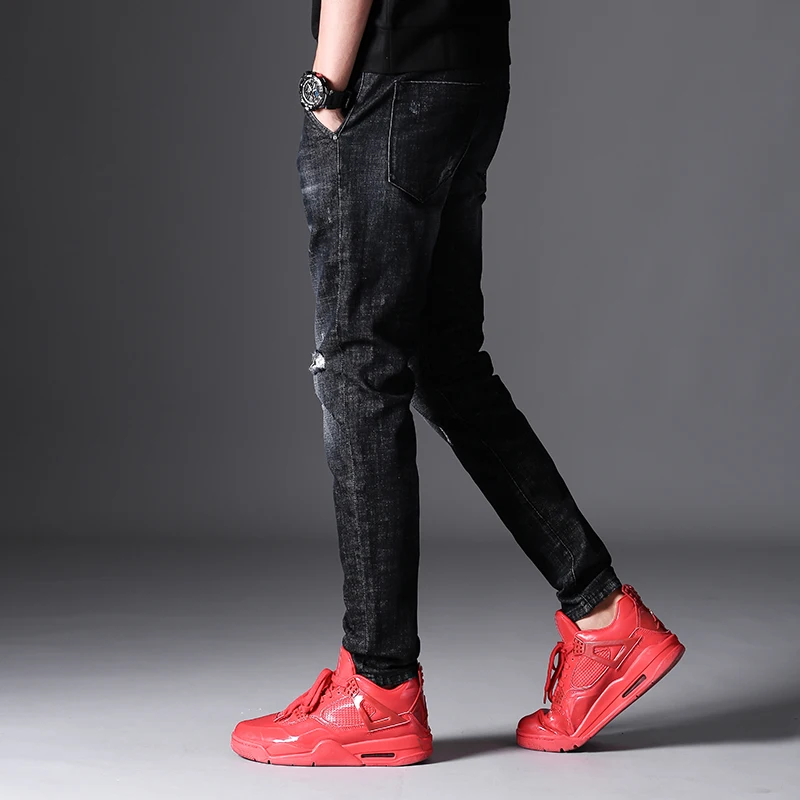 Демисезонный джинсы Для мужчин простой Стиль одноцветное Цвет Тонкий Мужские зауженные брюки рваные хлопок высокого эластичные брюки