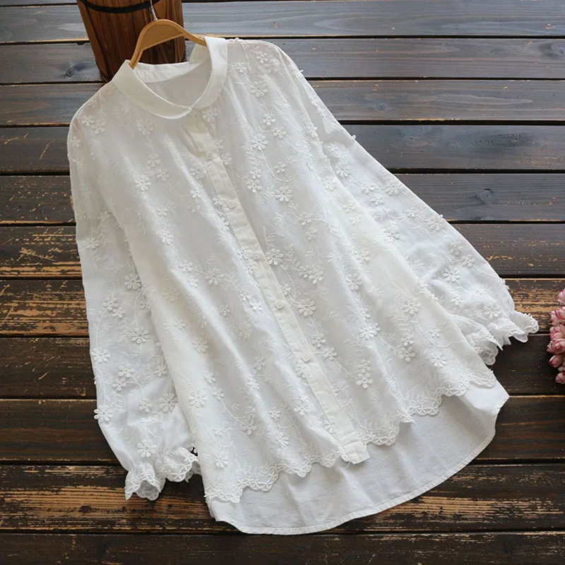 

Embroidery White Elegant Shirt Ladies Peter Pan Collar Sweet Appliques Flowers Women Blouse Cotton Tops Long-sleeved Spring 2019