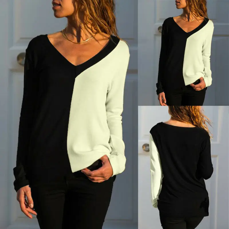 

Women Loose V-Neck Long Sleeve Splicing Ladies Casual Tops T-Shirt Blouse
