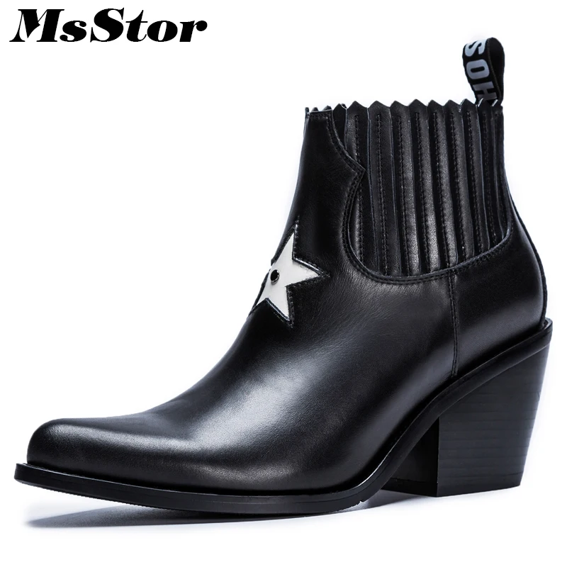 

MsStor Pointed Toe High Heel Women Boots Genuine Leather Rivet Ankle Boots Women Shoes Sexy Square heel Black Boots Shoes Woman