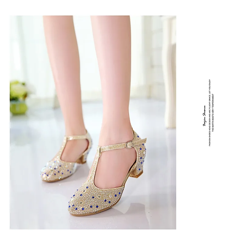 Новая весенне-летняя обувь принцессы танцевальная обувь на высоком каблуке со стразами детская кожаная обувь для девочек 02