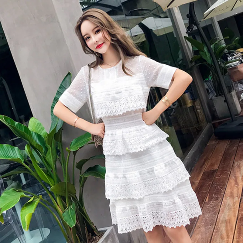 

2019 Self Portrait Dress Women Fashion Summer White Chiffon Patchwork Lace Ruffles Casual Hollow Out Layers Cake Party Dress