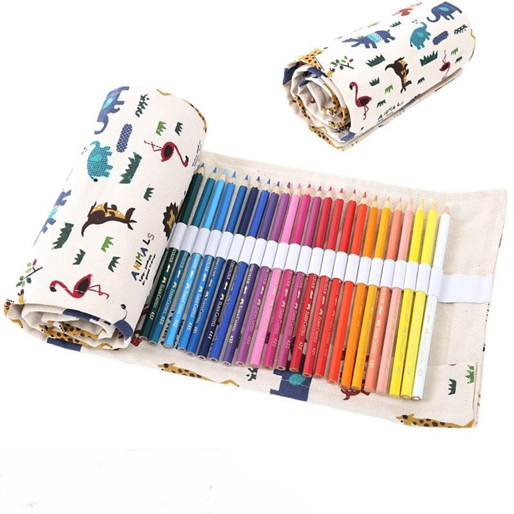 

36/48/72 Holes Roll Cute Cartoon School Pencil Bag Embroidery Canvas Handmade Pencil Case Material Escolar School Supplies
