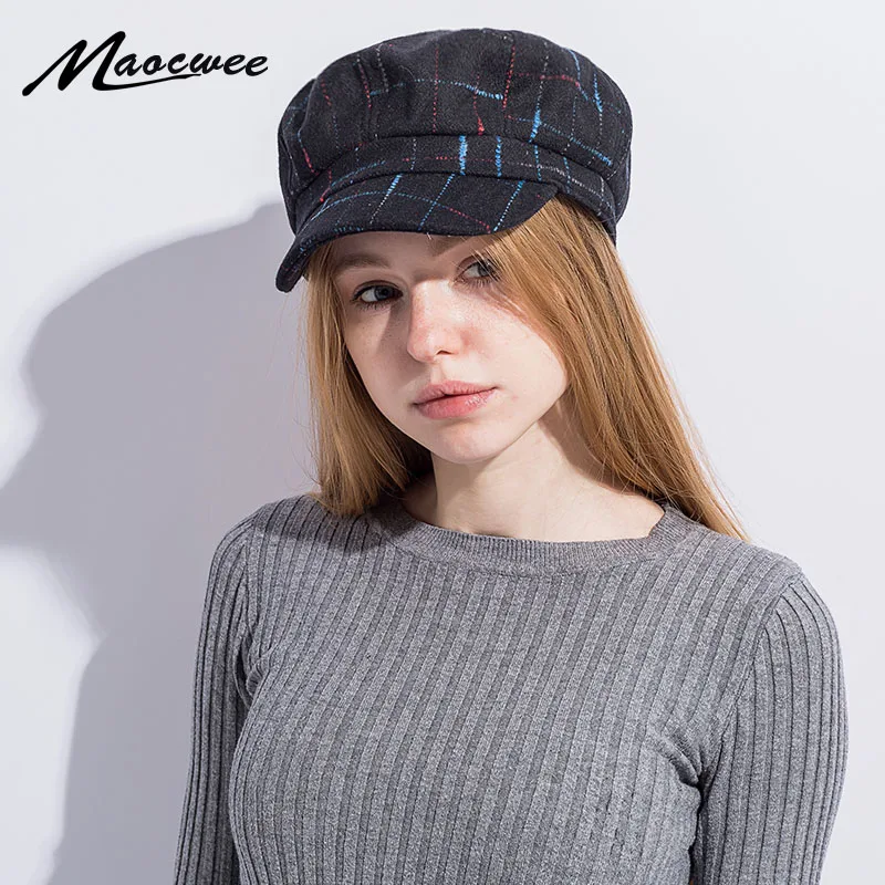 

Women's wool beret flat cap new autumn and winter retro painter artist colorful stripes shade octagon