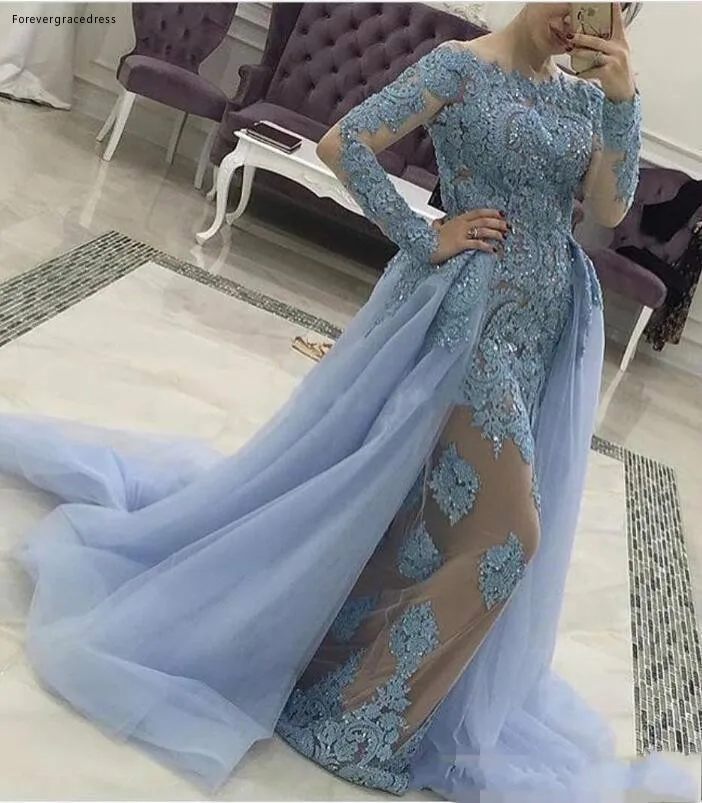 Long Sleeves Overskirts Formal Gowns Evening Wear 2018 Lavender Sheer Neck Appliques Beads Mermaid Modest Prom Party Dress Custom BA9461  155