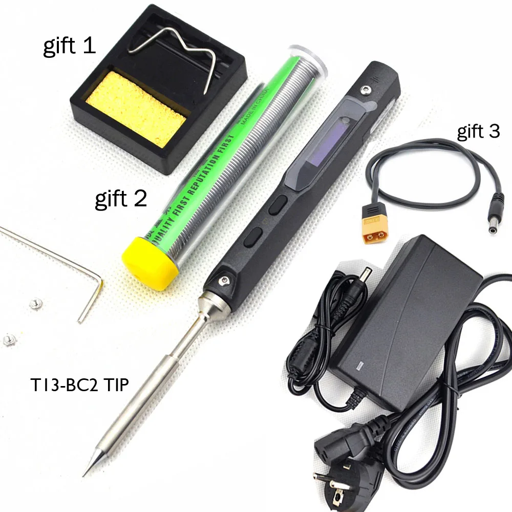 TS100 Portable MINI Programmable Digital LCD Display Electric Soldering Iron+ Soldering Iron Tip+ 12V DC Power Adapter - Цвет: Black TS100 BC2 TIP