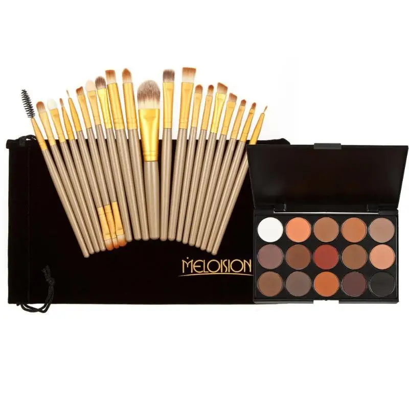 

20Pcs Makeup Brushes Set Powder Blush Foundation Eyeliner Lip Brush Gold + 15 Colors Makeup Shimmer Matte Eyeshadow Palette
