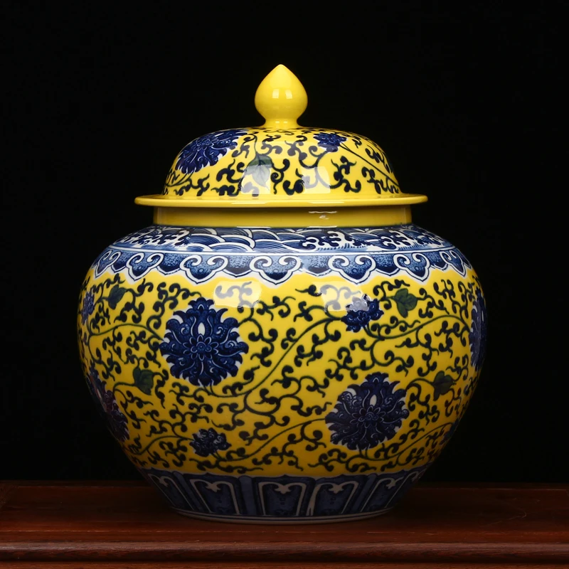 Jingdezhen Античная желтая глазурь сине белая большая банка для хранения китайская