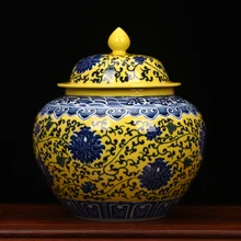 Jingdezhen Античная желтая глазурь сине белая большая банка для