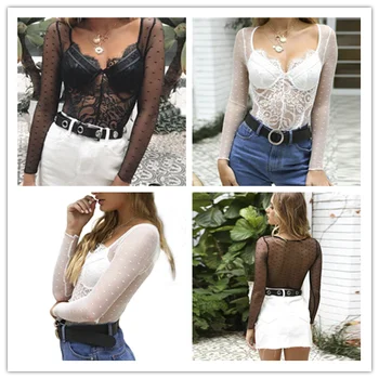 

Women Sexy Mesh Lace Bodysuit Body Suit Transparent Long Sleeve Catsuit Jumpsuit Bralette Bodysuits Black White S-XL