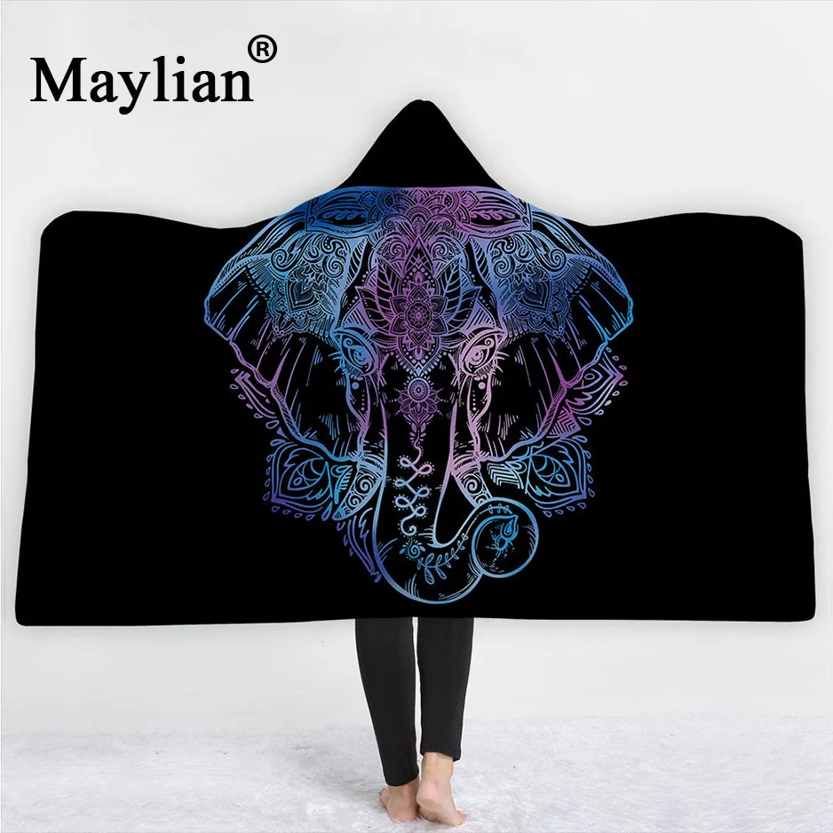 India Elephant l head Hooded Blanket Sherpa Fleece Ocean Blue Wearable