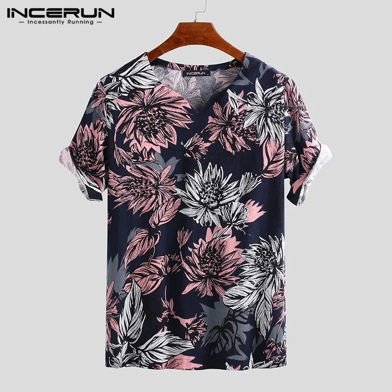 INCERUN/повседневные мужские комплекты в китайском стиле с принтом, с коротким рукавом, ретро, с v-образным вырезом, футболки и штаны 2019