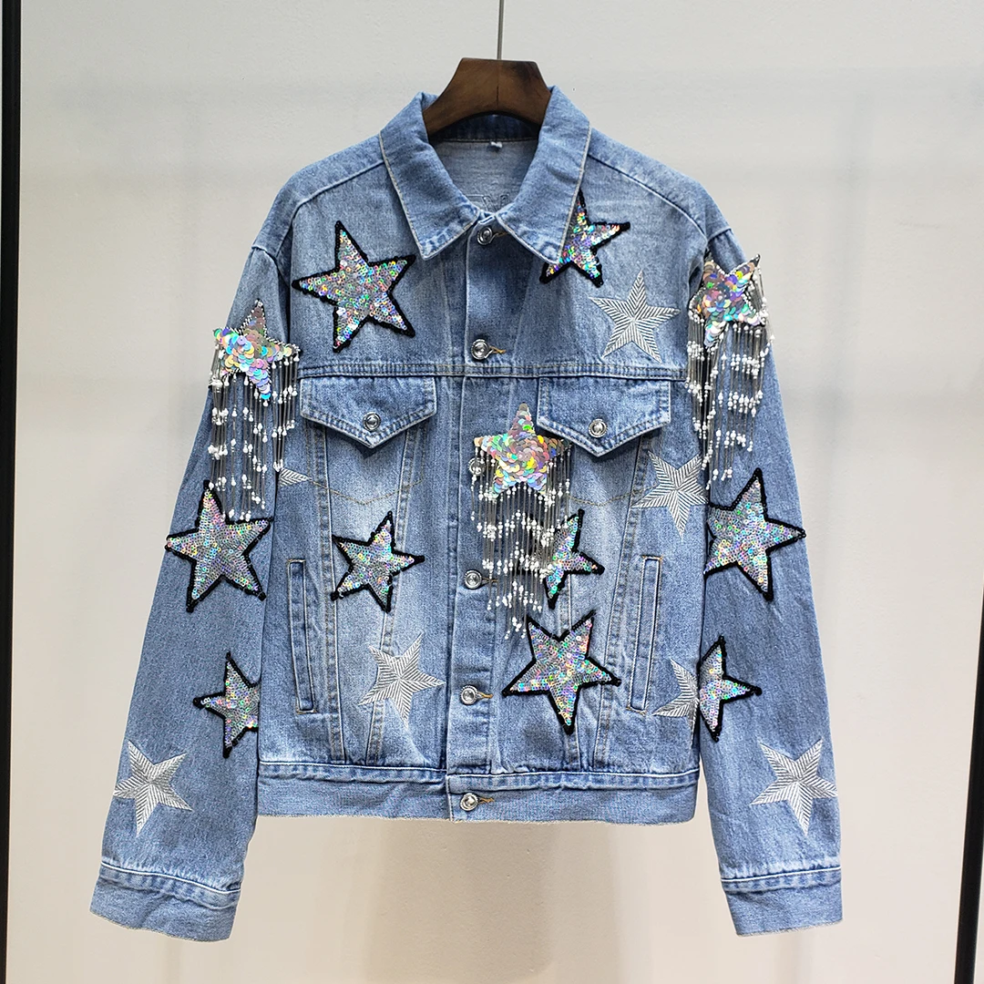 

Spring Fashion Punk Denim Jackets Women Sequins Stars and Tassel Jean Jacket and Coat Streetwear Clothes