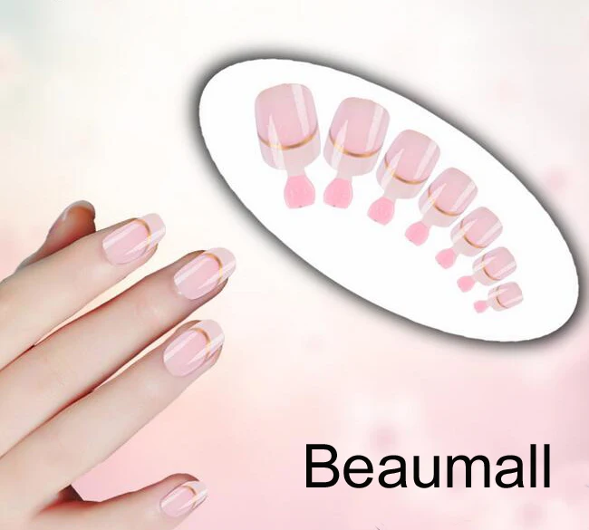 

12pcs/set With 2g Glue Short Pre-Design Pink Color Full Cover False Acrylic Nails With French Tips#FN12-14