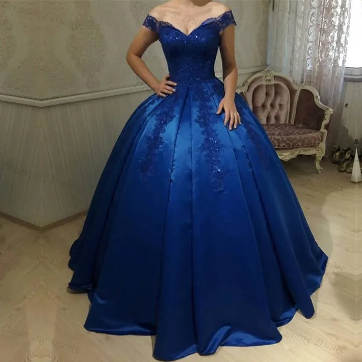 Королевское синее Атласное Бальное Платье, бальные платья, v-образный вырез, с открытыми плечами, корсет сзади, длина до пола, vestido de debutante - Цвет: same as picture