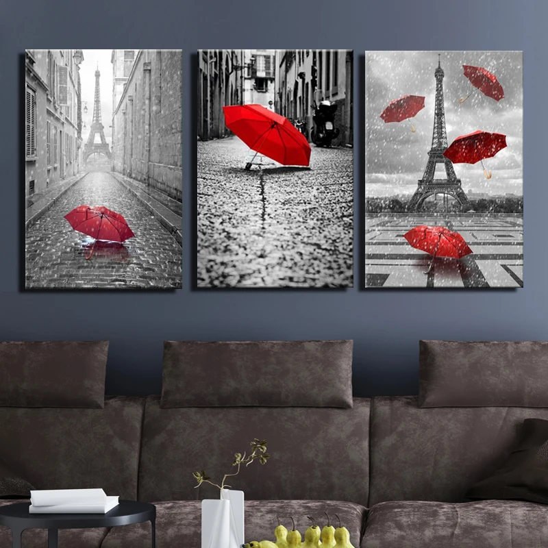 BANMU-Art-Black-and-White-Eiffel-Tower-with-Red-Umbrella-on-Paris-Street-Painting-Romantic-Picture