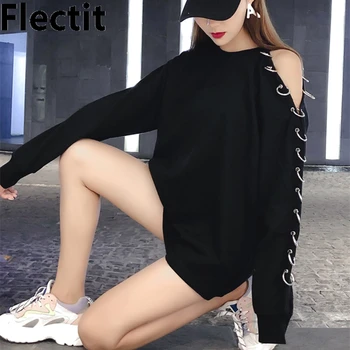 

Flectit Women Black Cold Shoulder Sweatshirt with Metal Ring Oversized Long Sleeve Sweatshirts Music Festival Party Club Outfit