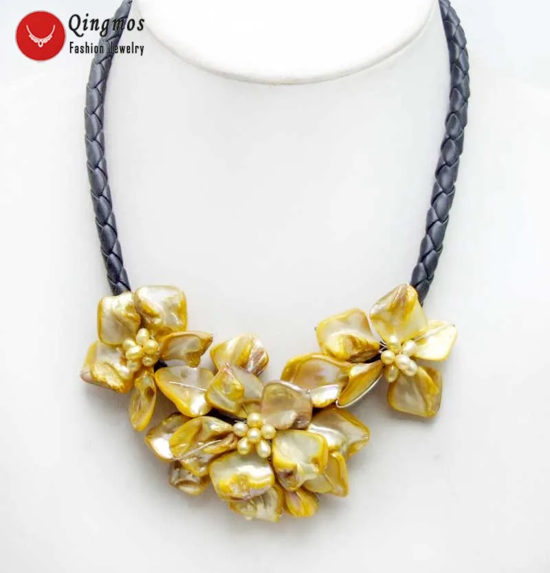 

Qingmos Trendy Shell Flower Pendant Necklace for Women with 3 Piece Orange Shell Flower Pearl Necklace Jewelry 18'' Chokers 6336