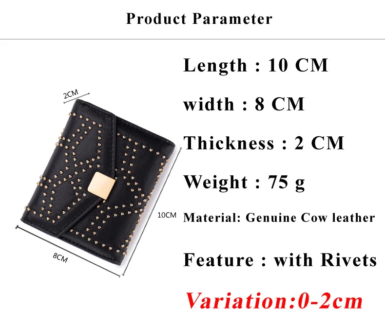 Lomelobo Ladies Rivets Small Wallet Genuine Cow Leather Women Three-Fold Short Personality Wallet Girls Credit Card Holder Purse HPL2627-1 Details (02)