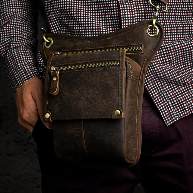 Crazy Horse Leather men Multi-function Design Small Messenger Bag Fashion Travel Belt Waist Pack Drop Leg Bag Pouch Male 211-4-d 5