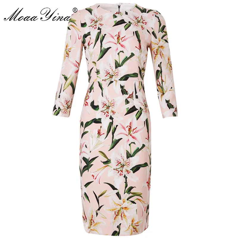 

Moaa Yina Fashion Designer Runway dress Spring Summer Women Dress Long sleeve lily Floral-Print Elegant Slim Dresses