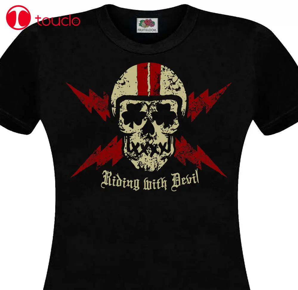 

2019 Fashion Summer Style T-Shirt Femme Riding With Devil - Biker Chopper Motorcycle Vintage Retro Racer Tee Shirt Hoodies