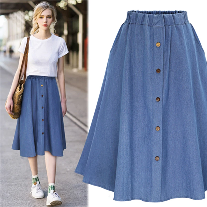 Женская трапециевидная Юбка-миди, модная свободная эластичная юбка с поясом, джинсовая хлопковая юбка